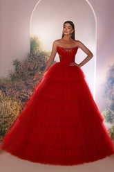 Red Prom Dress A Line Strapless Sequined Sleeveless Floor Length Tulle Formal Dress With Rhinestone